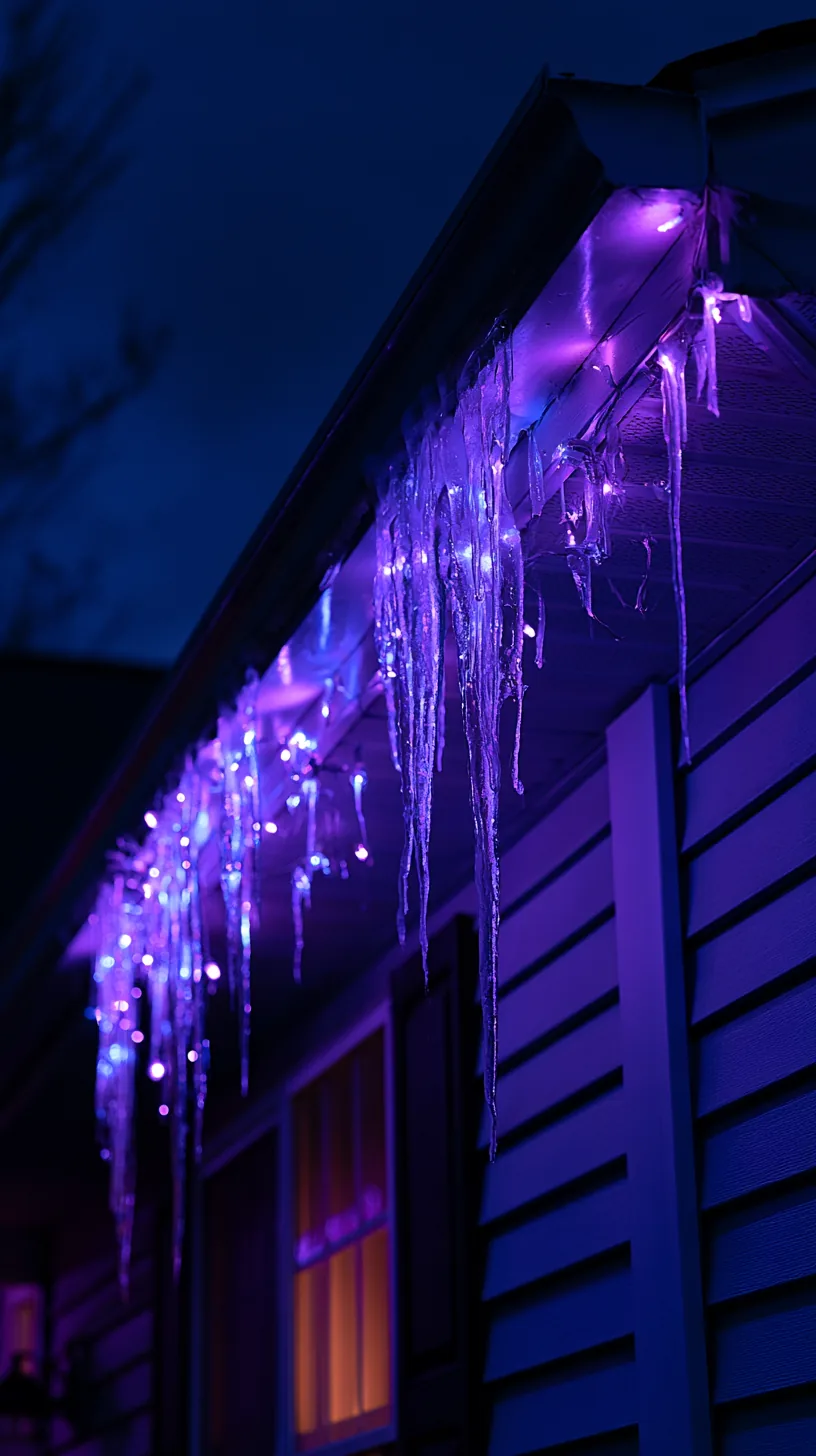 Purple LED icicle lights hanging along the eaves of a house at night, photo 3 of 3