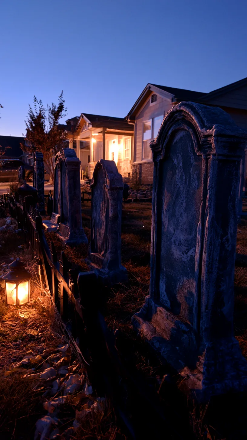 Small foam tombstone graveyard scene arranged in a front yard flower bed, photo 1 of 4