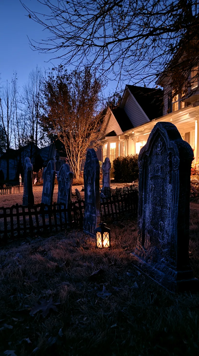 Small foam tombstone graveyard scene arranged in a front yard flower bed, photo 2 of 4