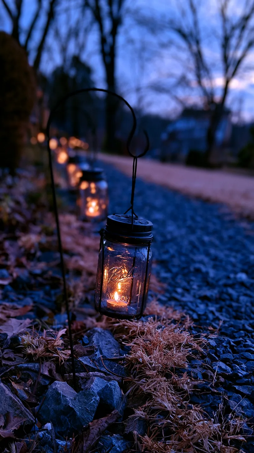 Mason jar lanterns filled with orange lights lining a garden pathway, photo 1 of 3