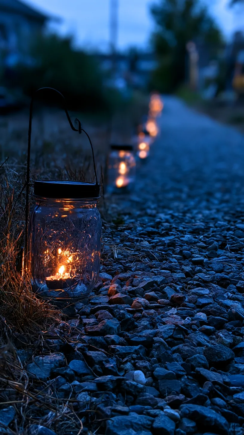Mason jar lanterns filled with orange lights lining a garden pathway, photo 2 of 3