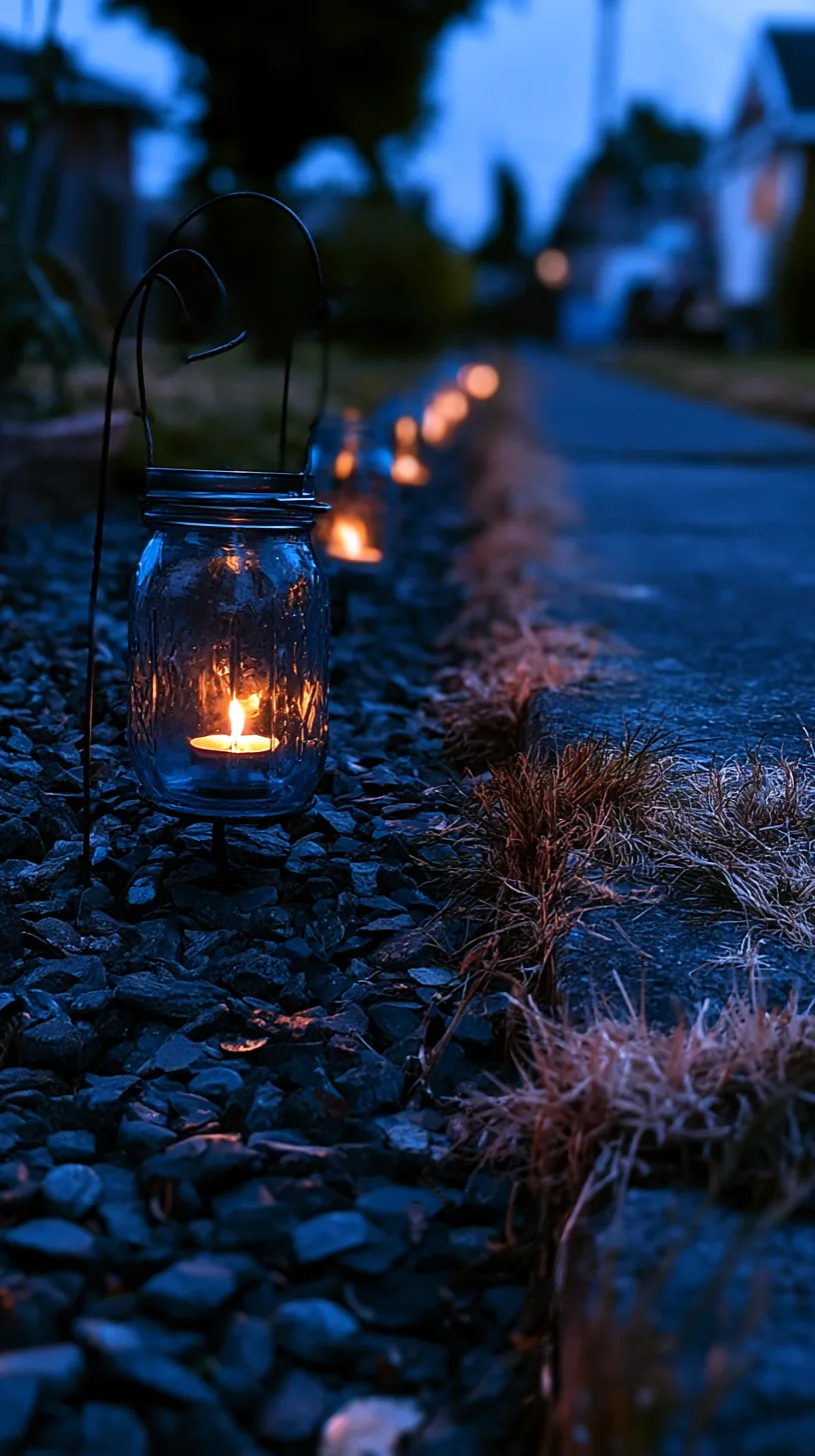 Mason jar lanterns filled with orange lights lining a garden pathway, photo 3 of 3