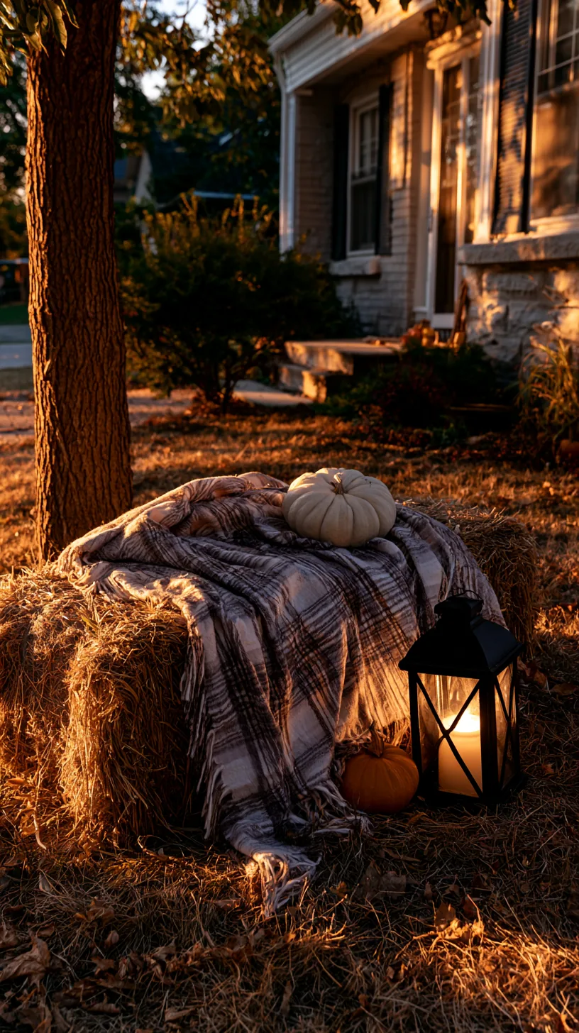 Hay bales stacked into a small seating nook with pumpkins and a plaid blanket, photo 1 of 3