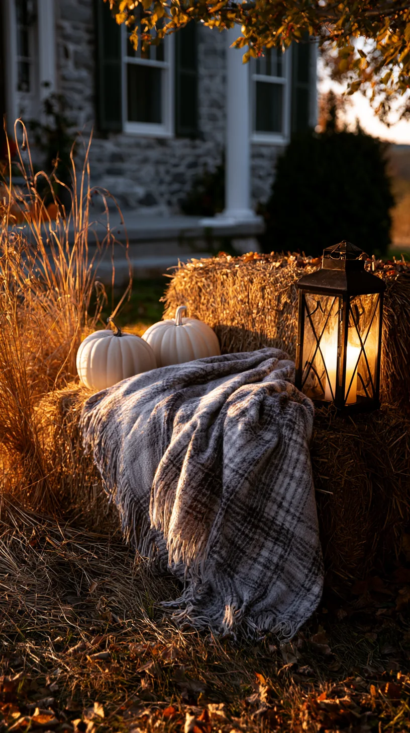 Hay bales stacked into a small seating nook with pumpkins and a plaid blanket, photo 2 of 3