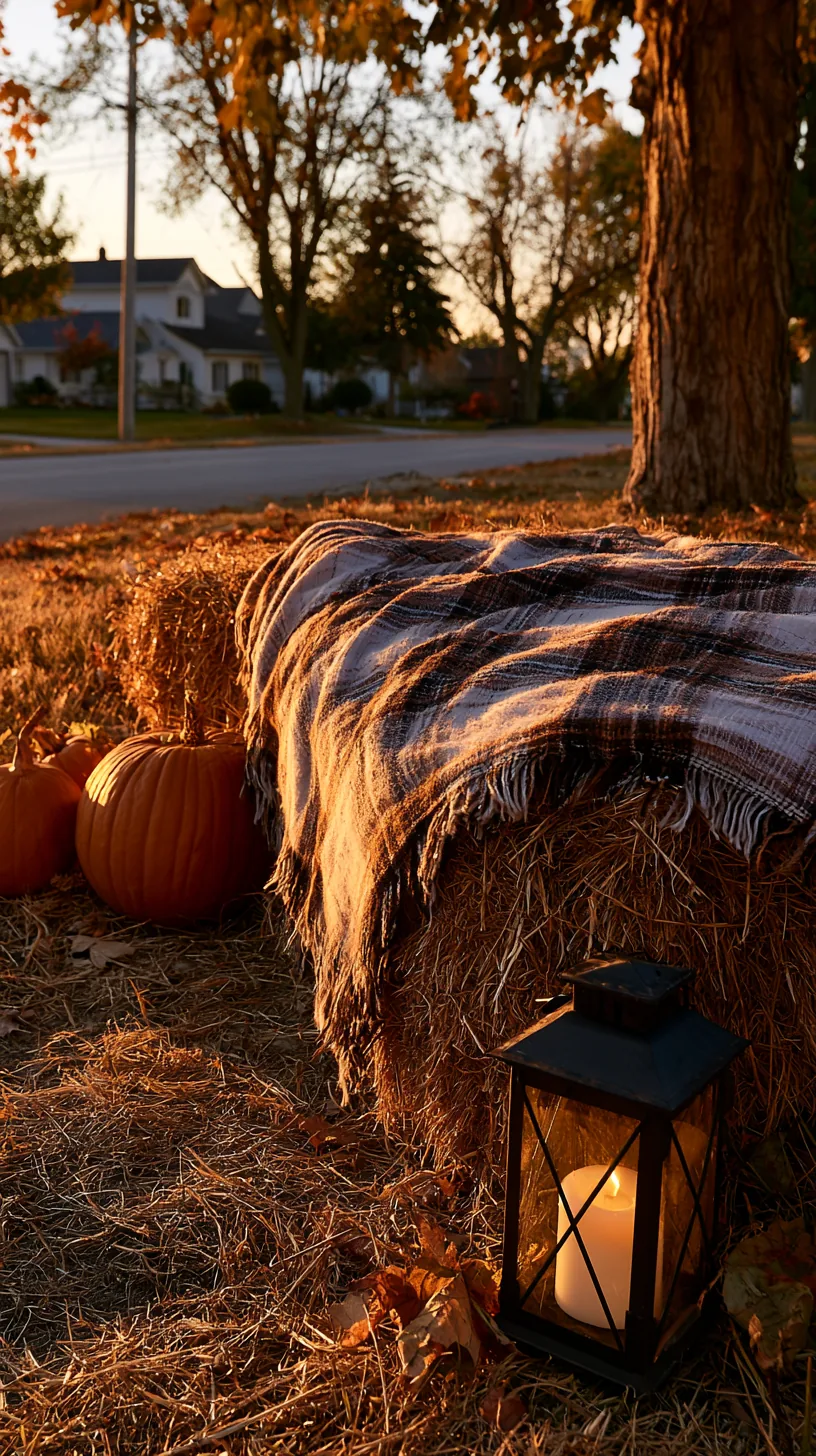 Hay bales stacked into a small seating nook with pumpkins and a plaid blanket, photo 3 of 3