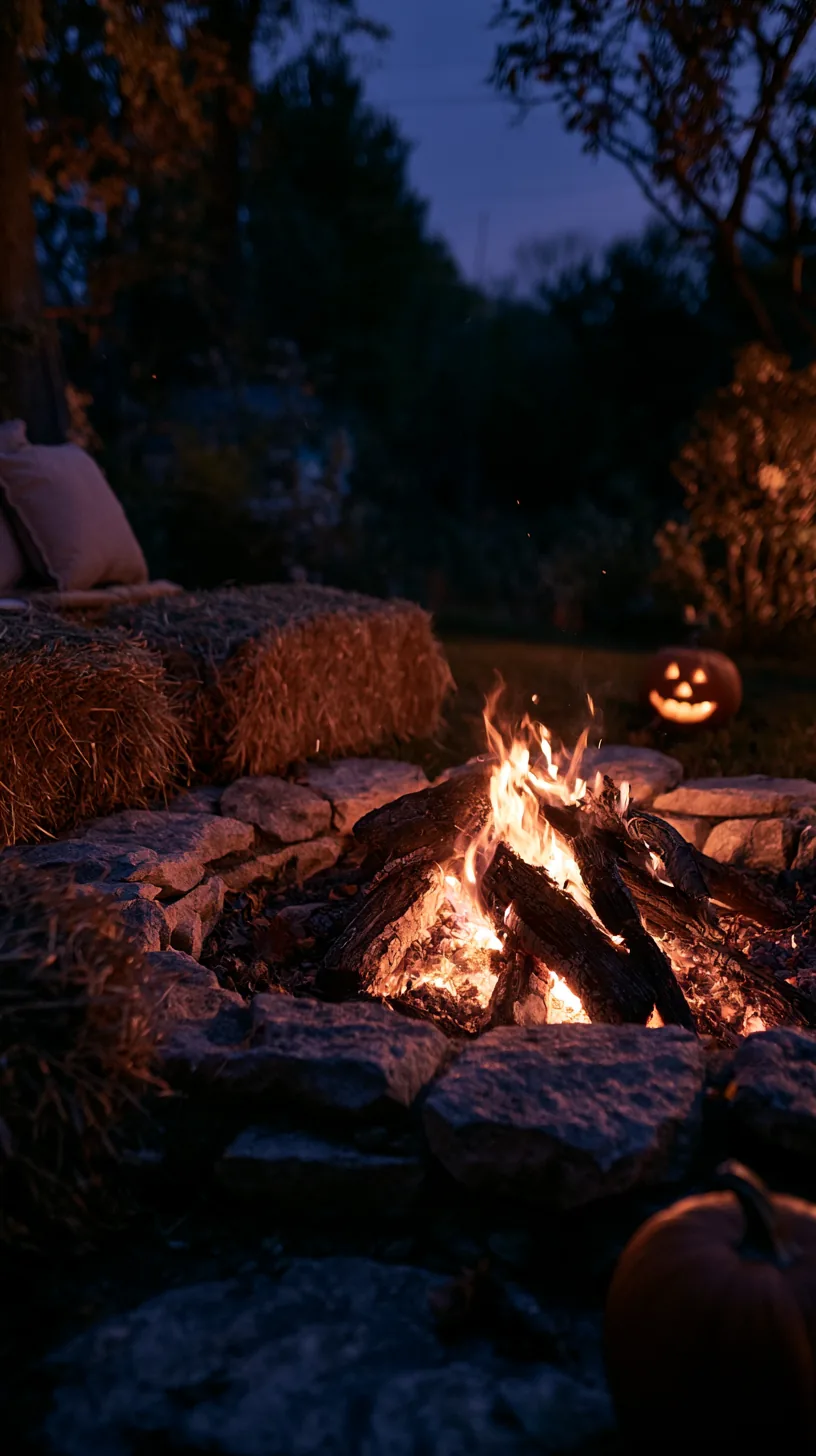 Backyard fire pit glowing at dusk with pumpkins arranged nearby for Halloween, photo 1 of 3