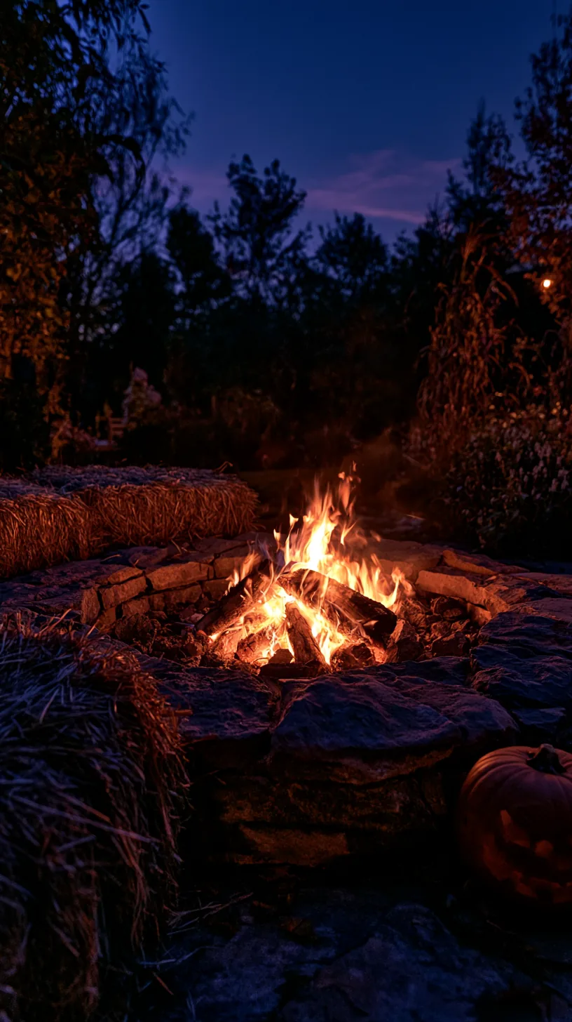 Backyard fire pit glowing at dusk with pumpkins arranged nearby for Halloween, photo 2 of 3