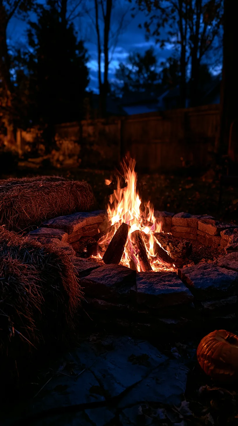 Backyard fire pit glowing at dusk with pumpkins arranged nearby for Halloween, photo 3 of 3