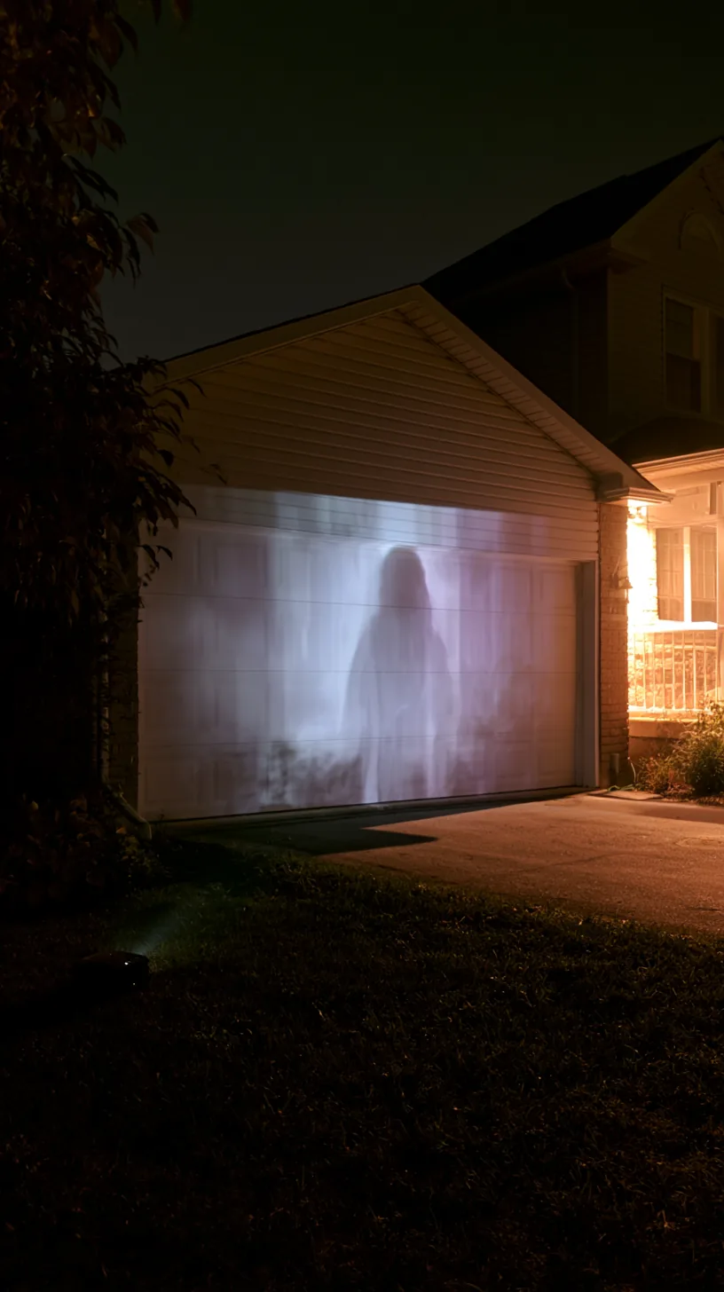 Ghostly Halloween projection filling a suburban garage door at night, photo 1 of 3