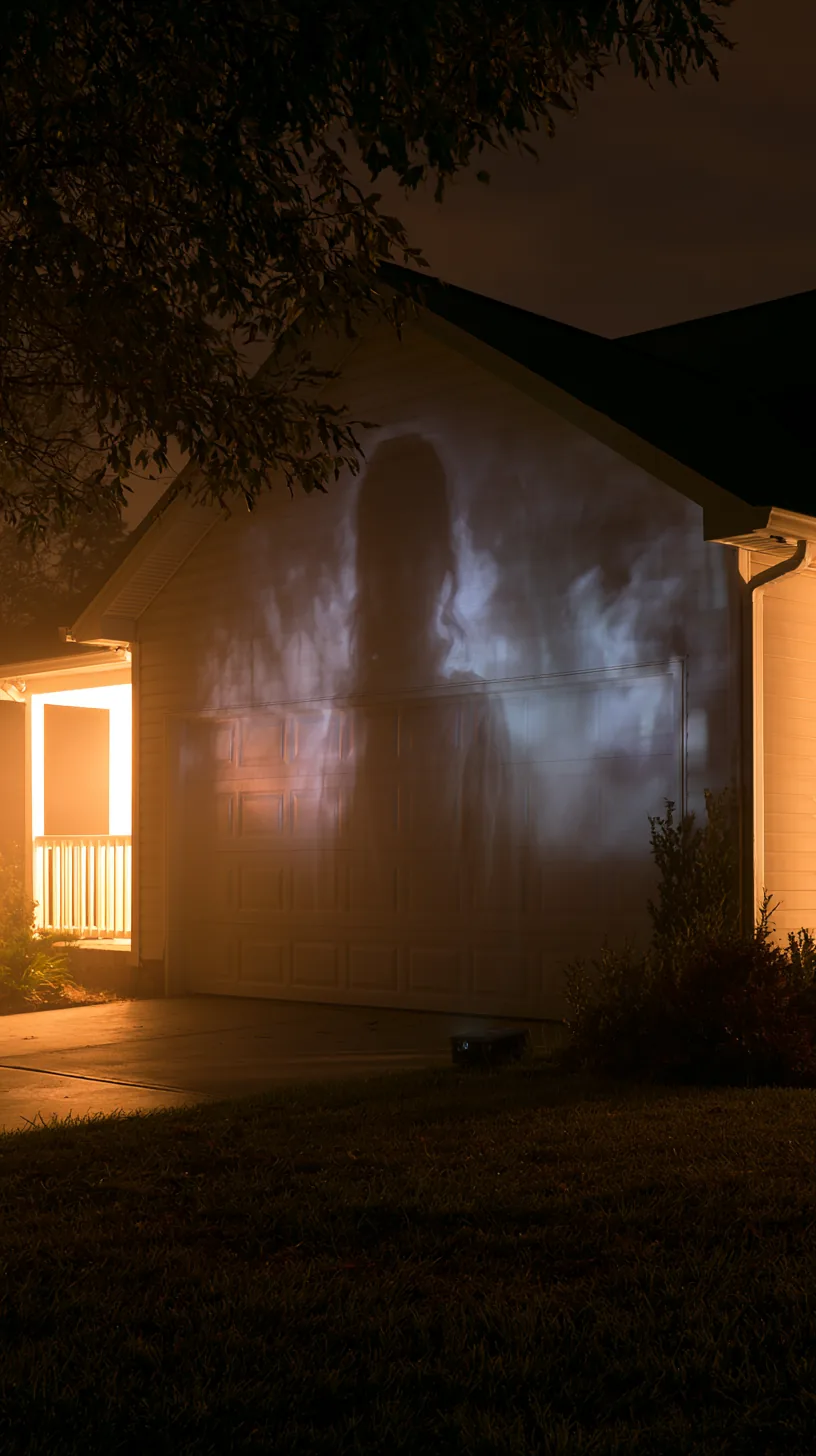 Ghostly Halloween projection filling a suburban garage door at night, photo 2 of 3
