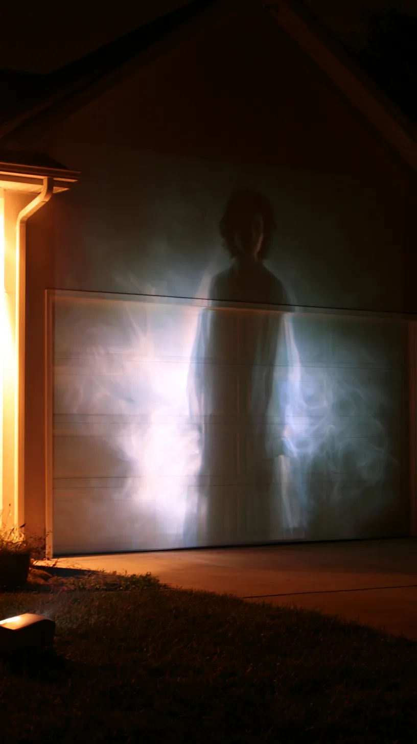 Ghostly Halloween projection filling a suburban garage door at night, photo 3 of 3