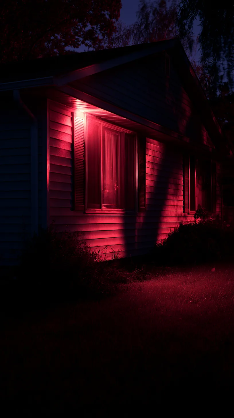Suburban house front washed in deep red flood light for Halloween at night, photo 1 of 4