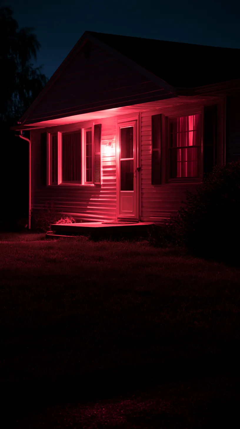 Suburban house front washed in deep red flood light for Halloween at night, photo 2 of 4