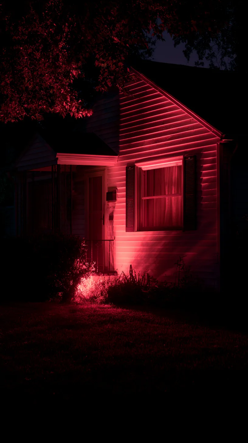 Suburban house front washed in deep red flood light for Halloween at night, photo 3 of 4