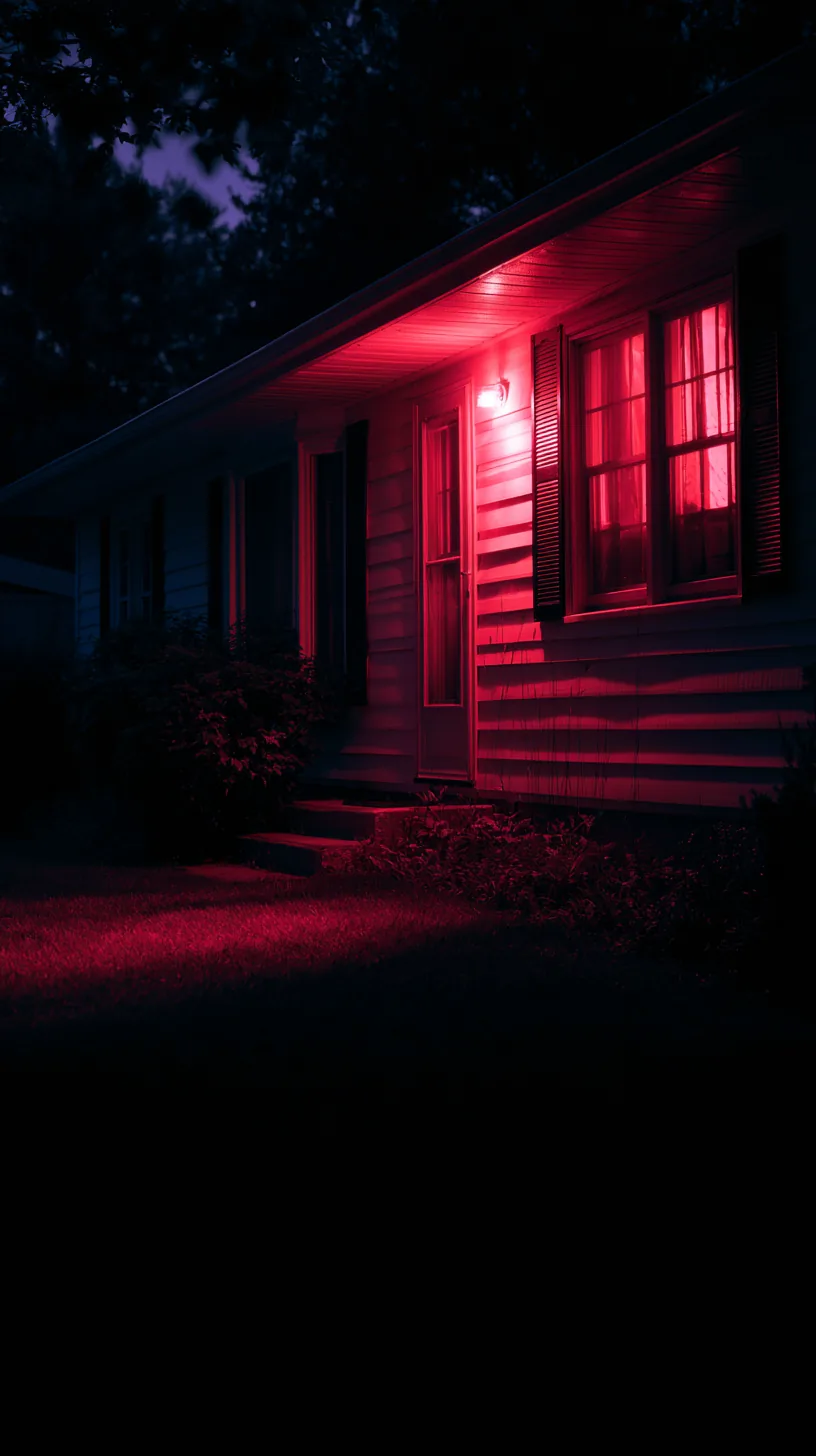 Suburban house front washed in deep red flood light for Halloween at night, photo 4 of 4
