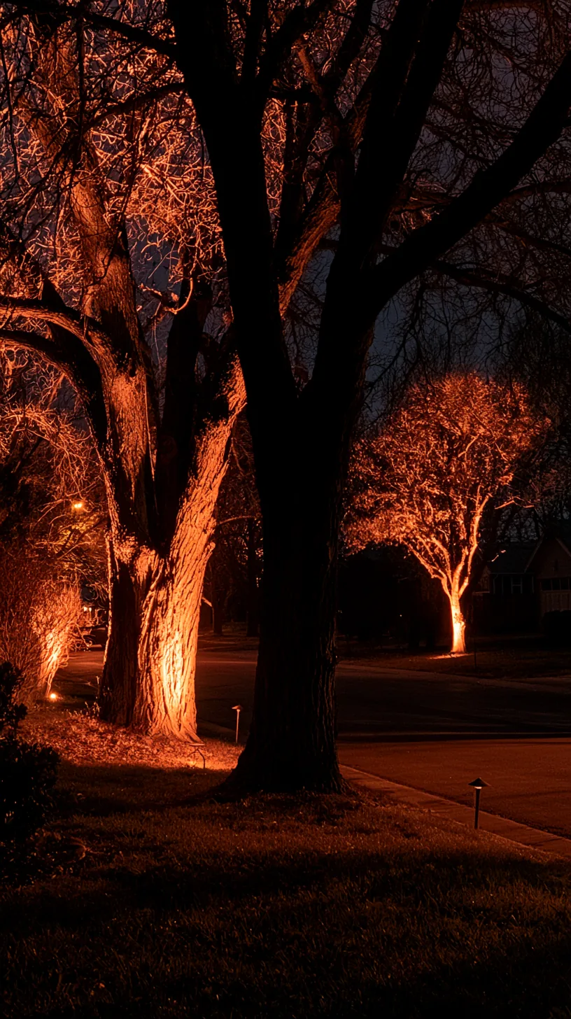 Front yard tree trunks uplit with warm orange spotlights on Halloween night, photo 1 of 4