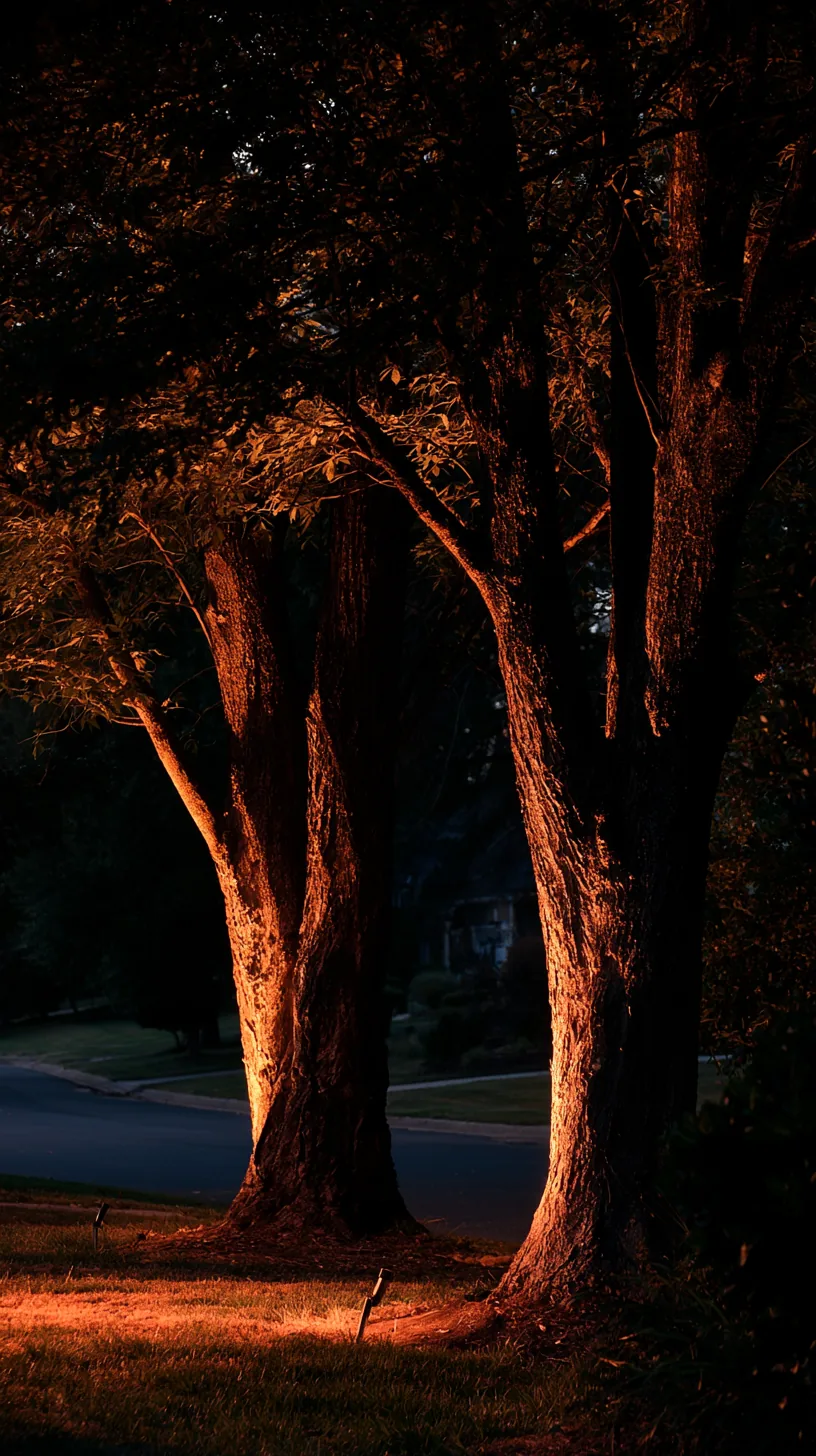 Front yard tree trunks uplit with warm orange spotlights on Halloween night, photo 2 of 4