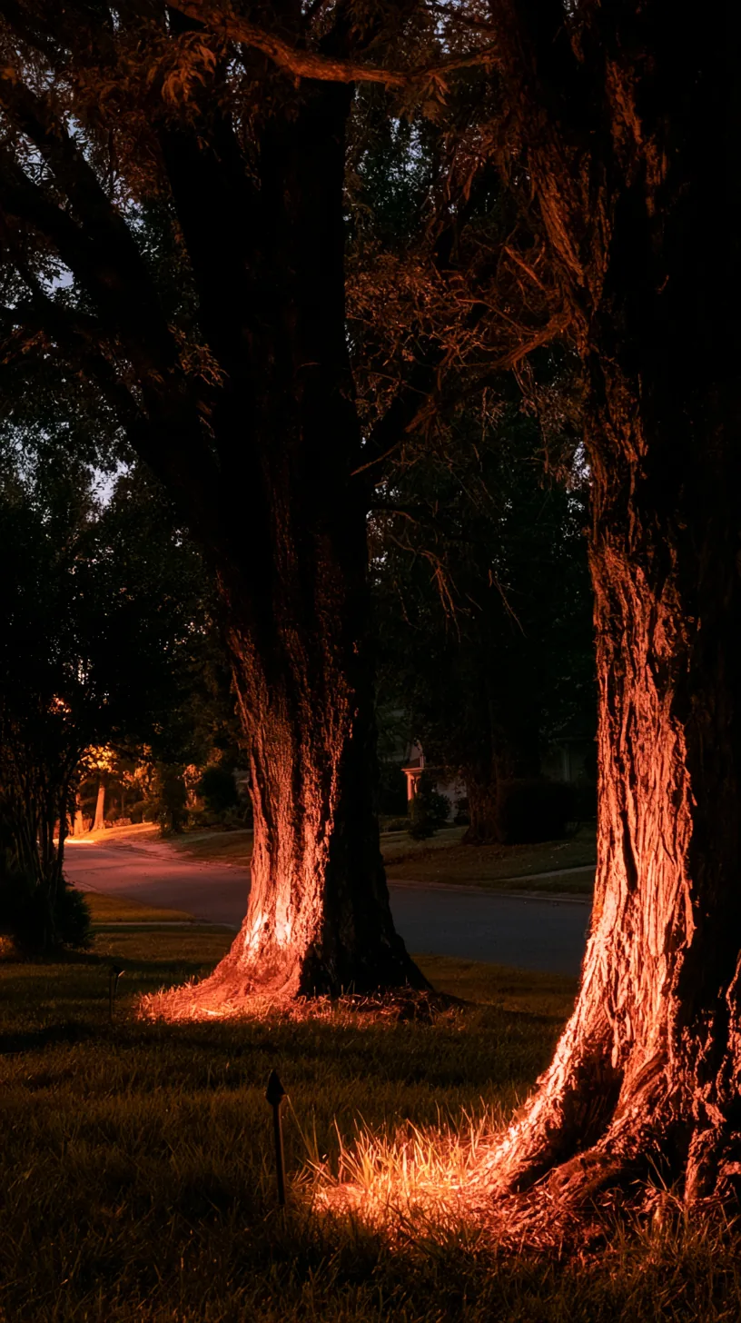 Front yard tree trunks uplit with warm orange spotlights on Halloween night, photo 3 of 4