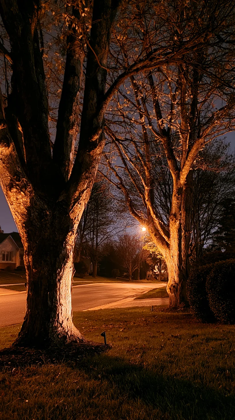 Front yard tree trunks uplit with warm orange spotlights on Halloween night, photo 4 of 4