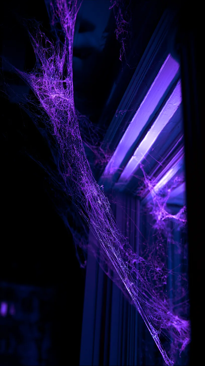 White Halloween spider webbing glowing violet under a blacklight flood, photo 1 of 4