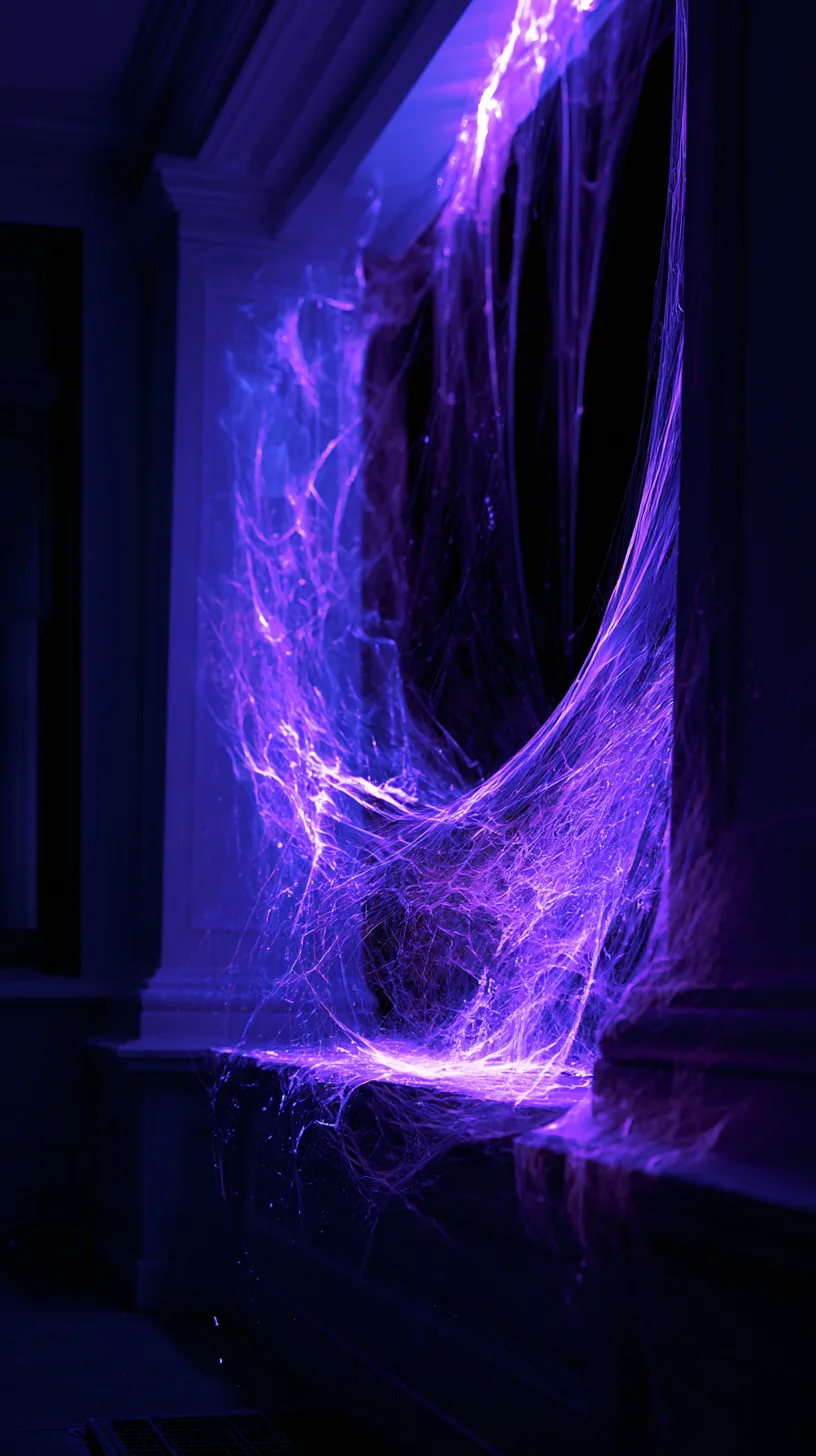 White Halloween spider webbing glowing violet under a blacklight flood, photo 2 of 4