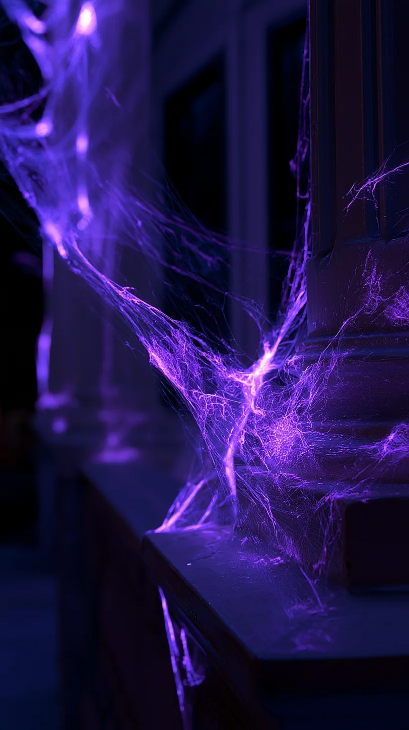 White Halloween spider webbing glowing violet under a blacklight flood, photo 3 of 4