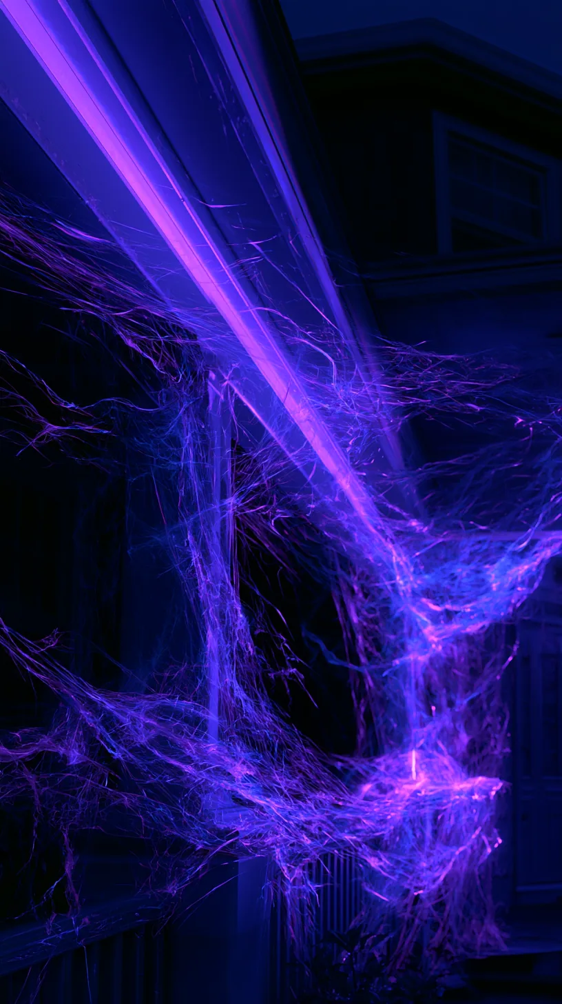 White Halloween spider webbing glowing violet under a blacklight flood, photo 4 of 4