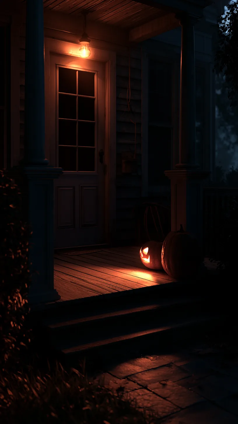 Front porch lit only by a single warm amber bulb with carved pumpkins, photo 1 of 4