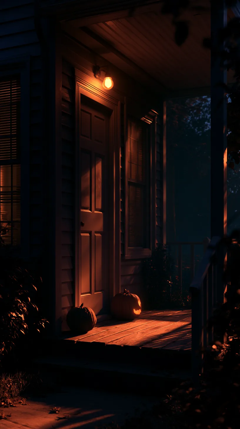 Front porch lit only by a single warm amber bulb with carved pumpkins, photo 2 of 4