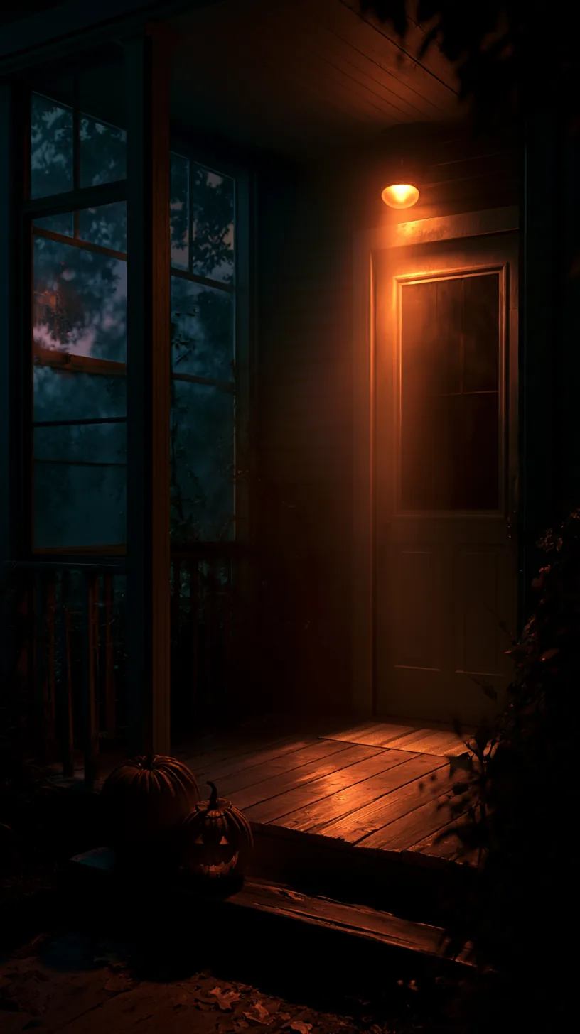 Front porch lit only by a single warm amber bulb with carved pumpkins, photo 3 of 4