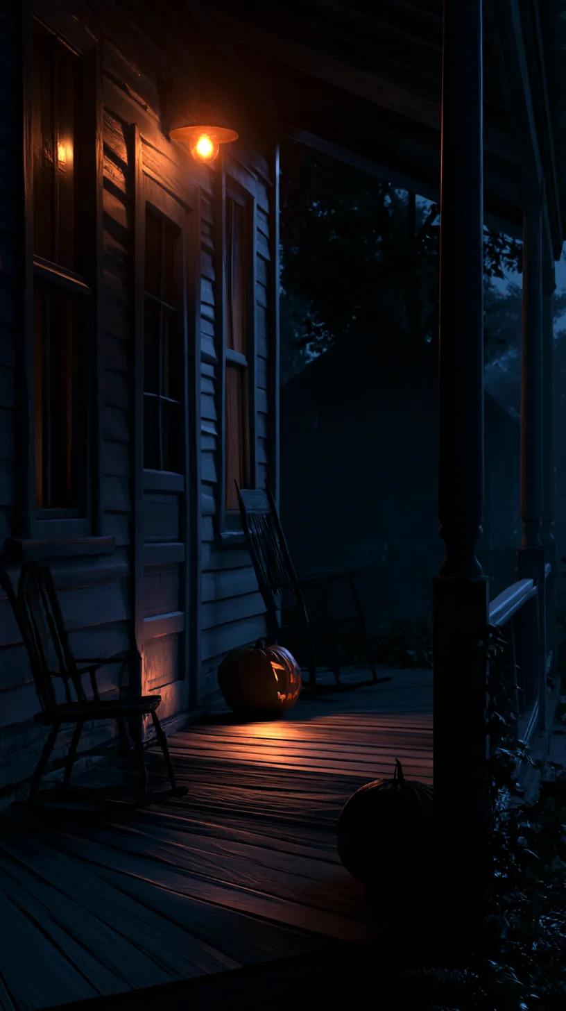 Front porch lit only by a single warm amber bulb with carved pumpkins, photo 4 of 4
