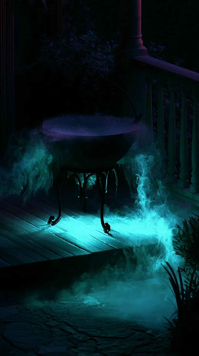 Halloween cauldron with green glowing fog spilling across a dark porch, photo 1 of 4