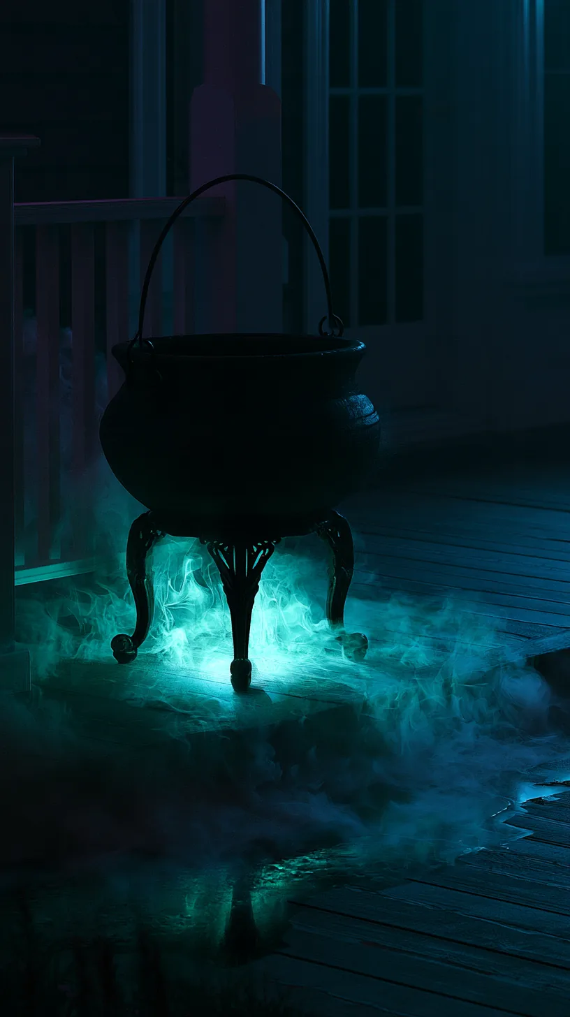 Halloween cauldron with green glowing fog spilling across a dark porch, photo 2 of 4