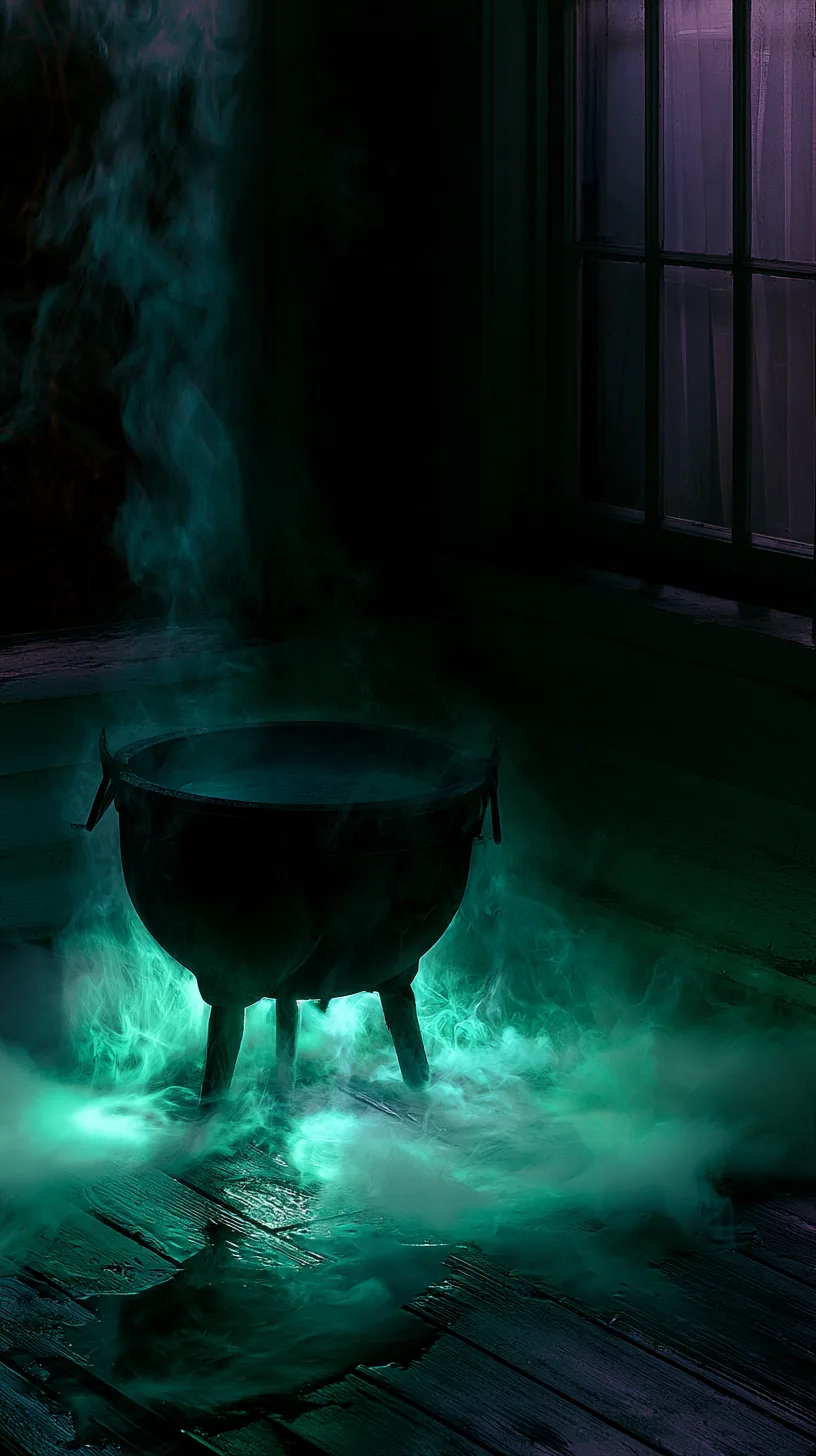 Halloween cauldron with green glowing fog spilling across a dark porch, photo 3 of 4