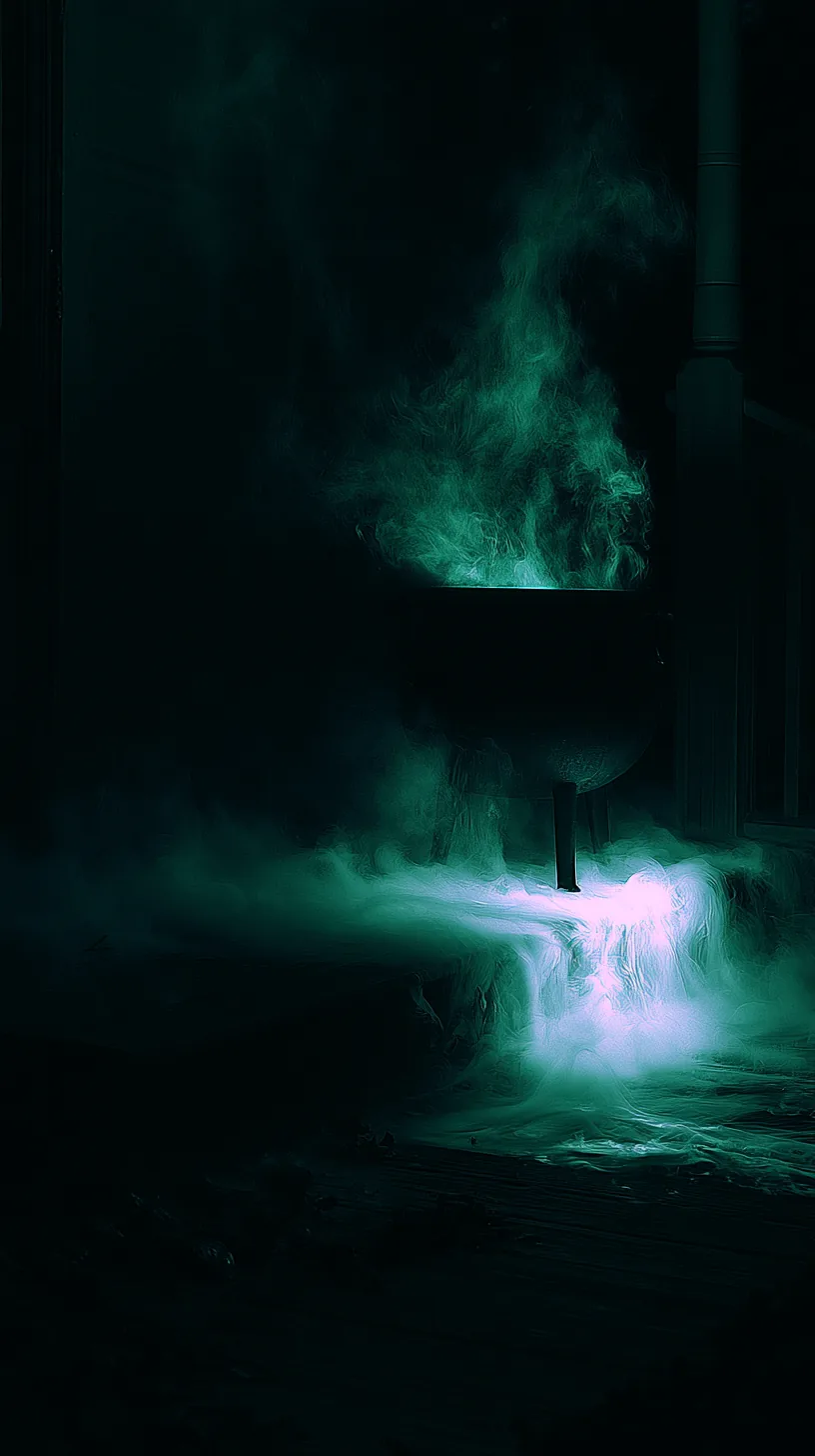 Halloween cauldron with green glowing fog spilling across a dark porch, photo 4 of 4