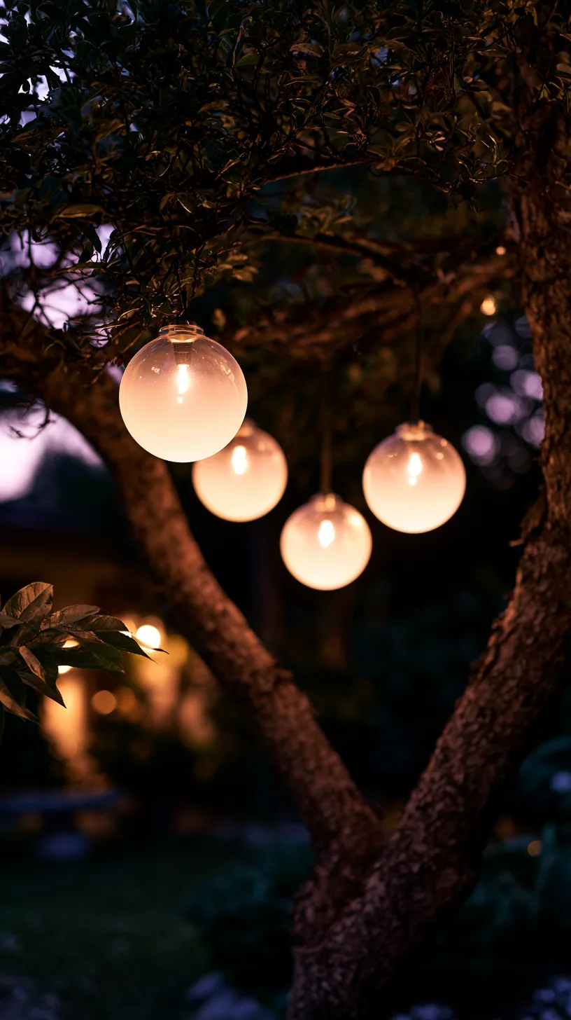 Frosted globe lights hanging at eye level from dark yard branches at night, photo 1 of 4
