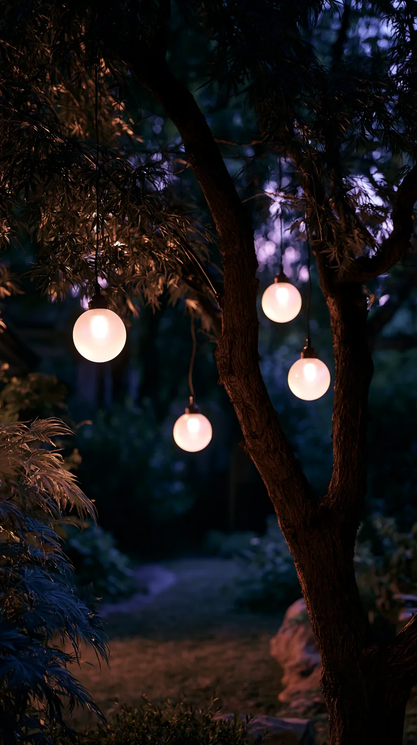 Frosted globe lights hanging at eye level from dark yard branches at night, photo 2 of 4