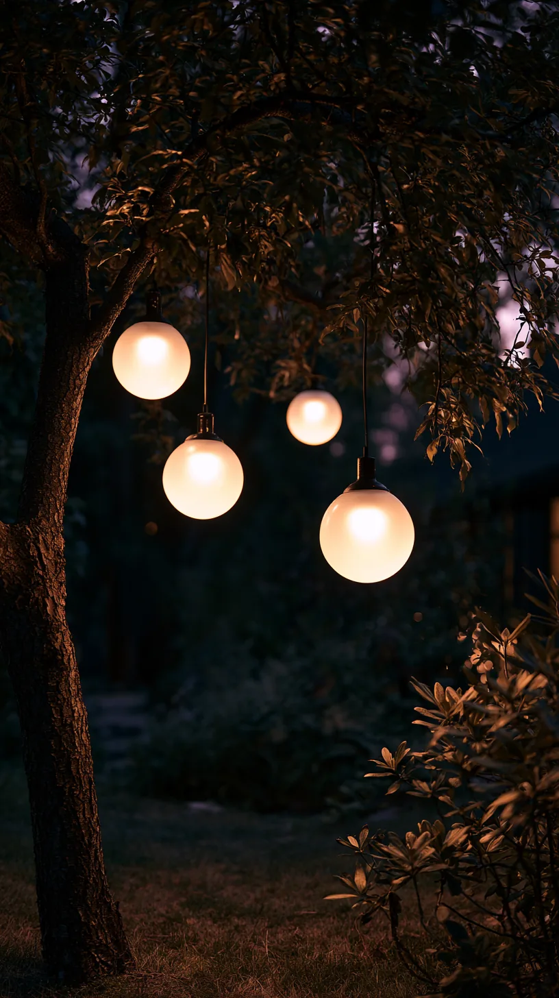 Frosted globe lights hanging at eye level from dark yard branches at night, photo 3 of 4