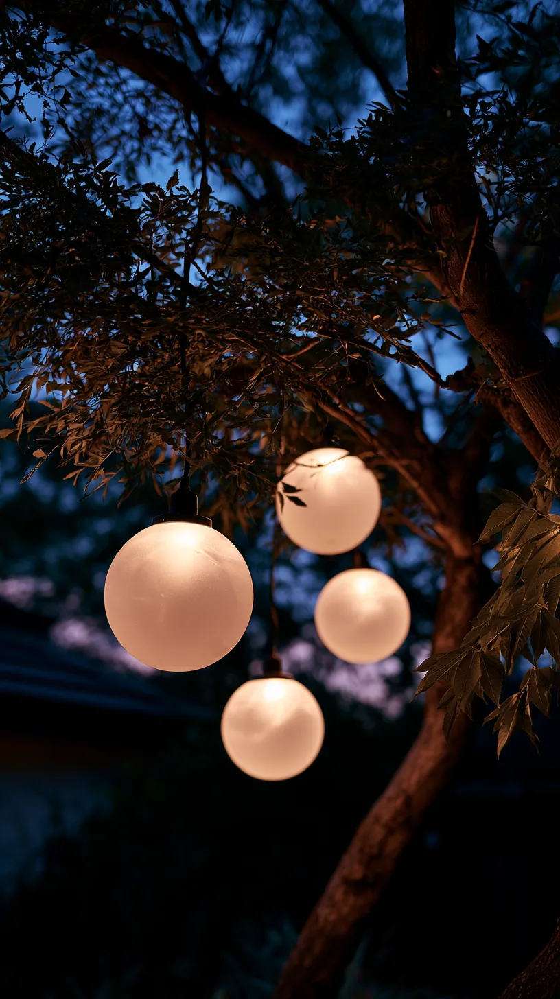 Frosted globe lights hanging at eye level from dark yard branches at night, photo 4 of 4