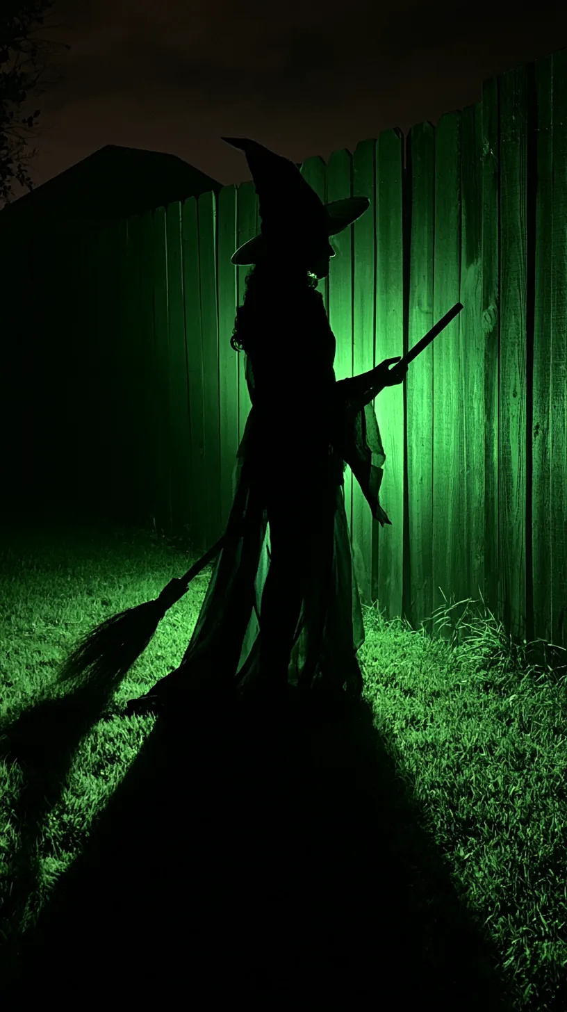 Backlit witch silhouette glowing green against a fence on Halloween night, photo 1 of 4