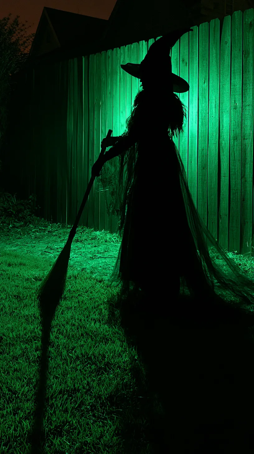 Backlit witch silhouette glowing green against a fence on Halloween night, photo 2 of 4