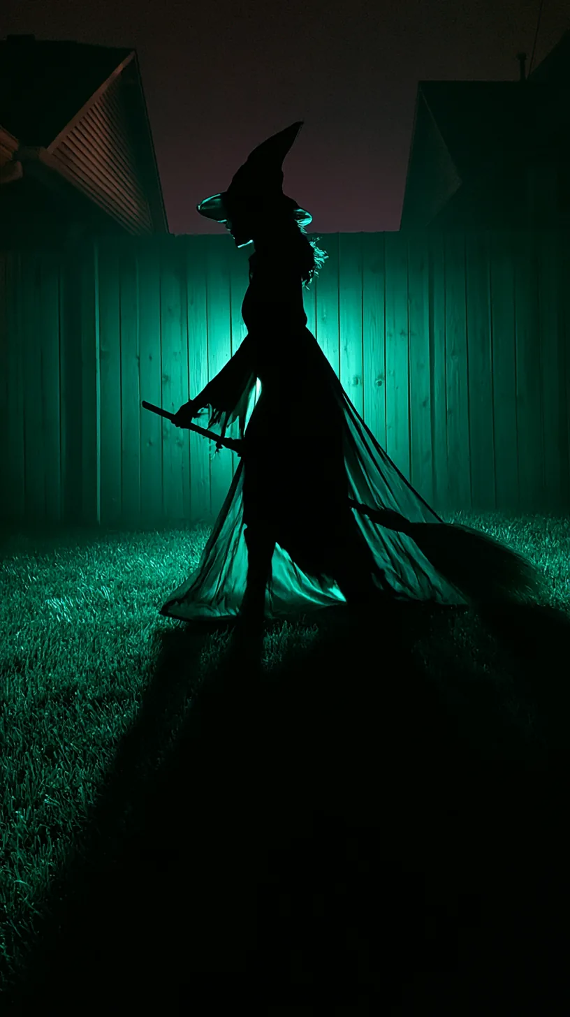Backlit witch silhouette glowing green against a fence on Halloween night, photo 3 of 4