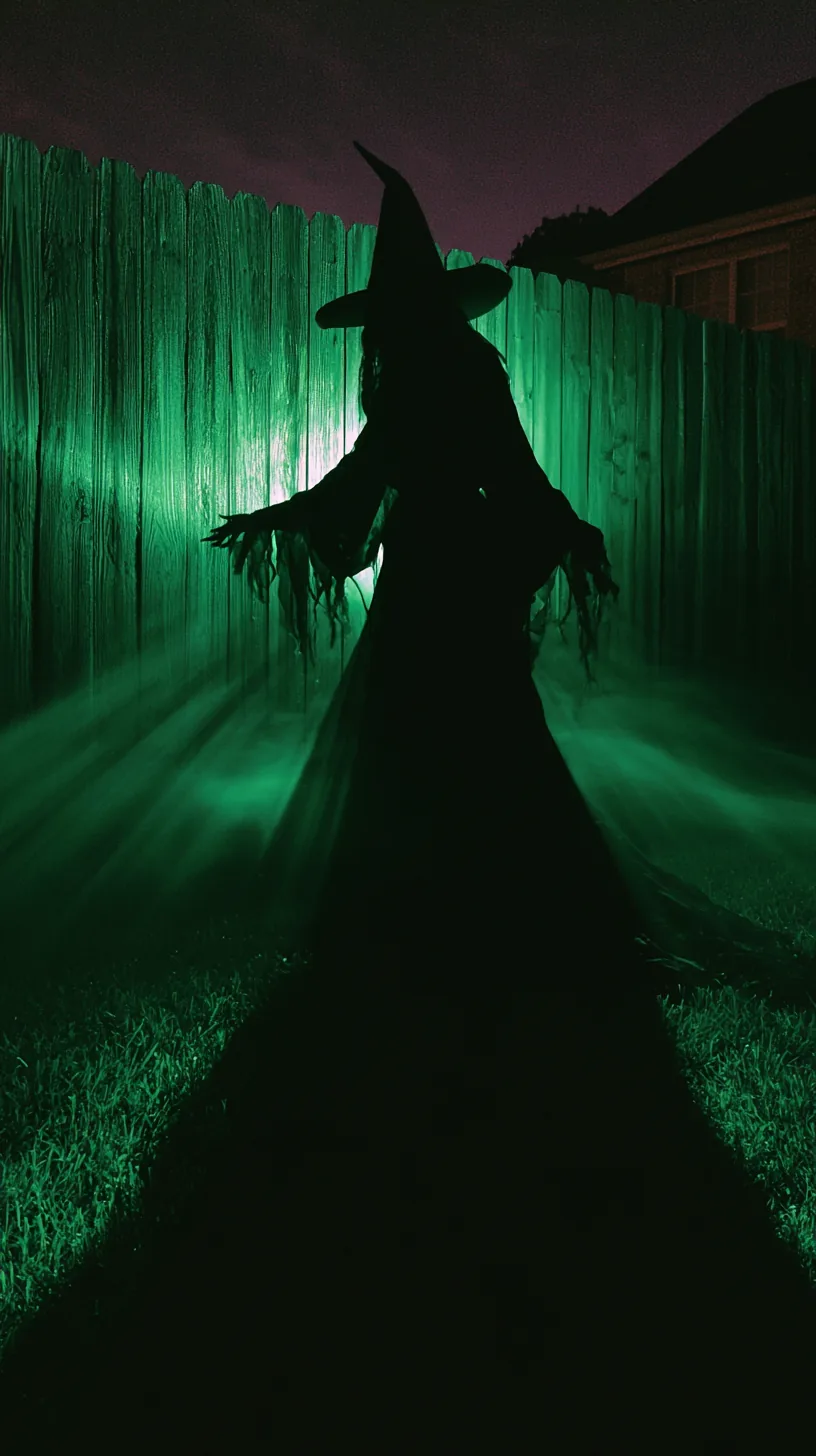 Backlit witch silhouette glowing green against a fence on Halloween night, photo 4 of 4