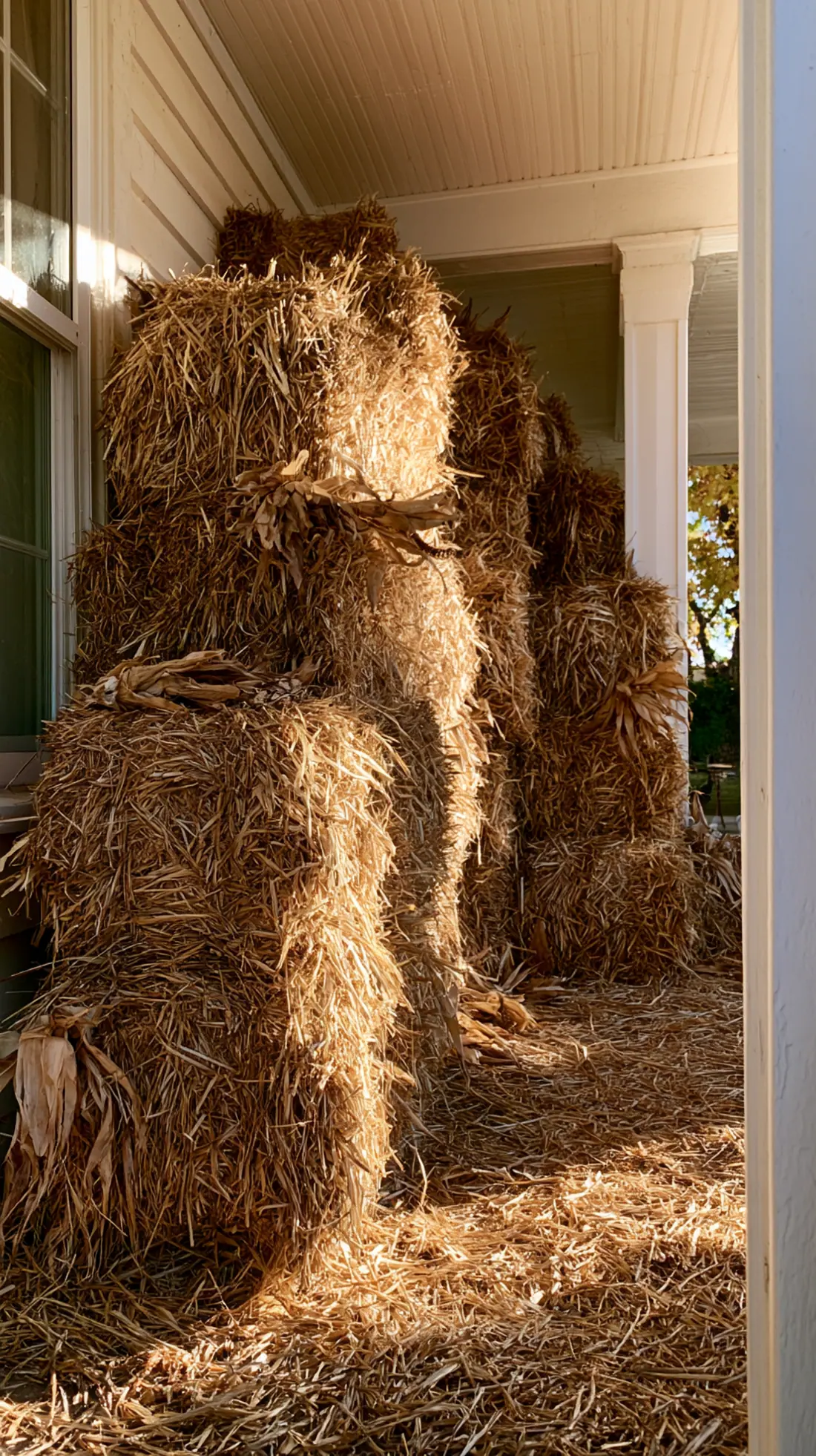 A stacked hay bale display anchored with rebar stakes on a porch, photo 2 of 3