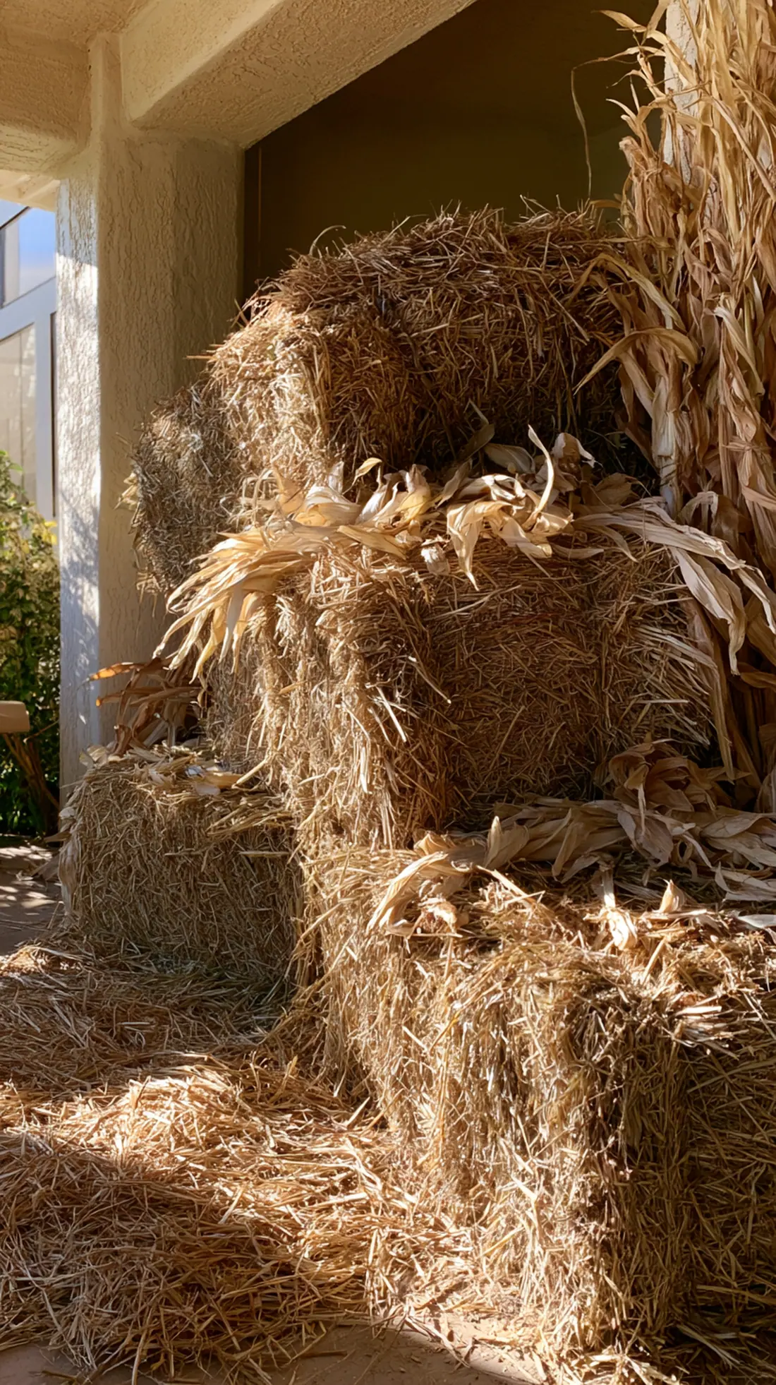 A stacked hay bale display anchored with rebar stakes on a porch, photo 3 of 3