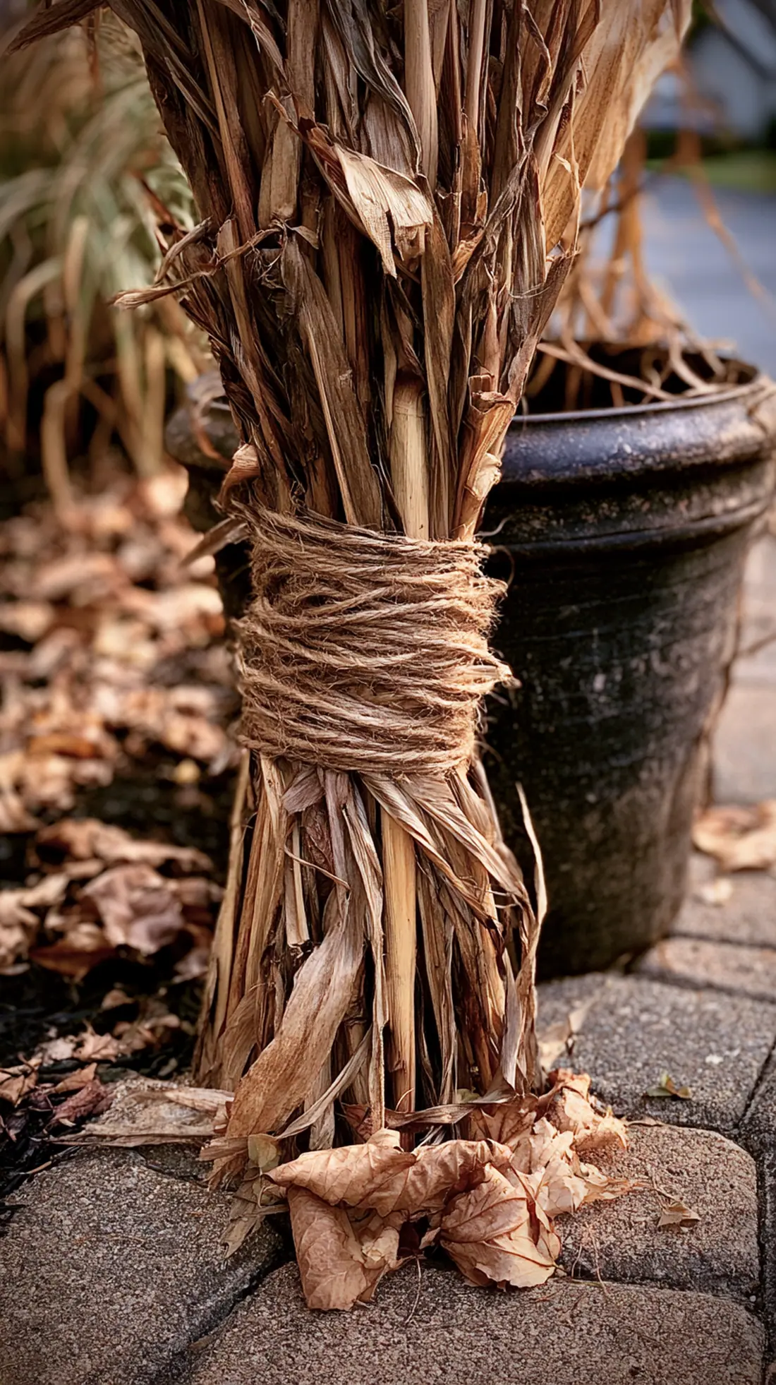 Corn stalks bundled and set into a buried weighted bucket, photo 2 of 3