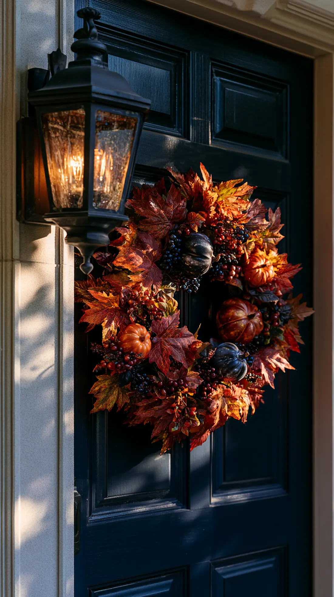 A weatherproof fall wreath made with faux foliage on a front door, photo 1 of 4