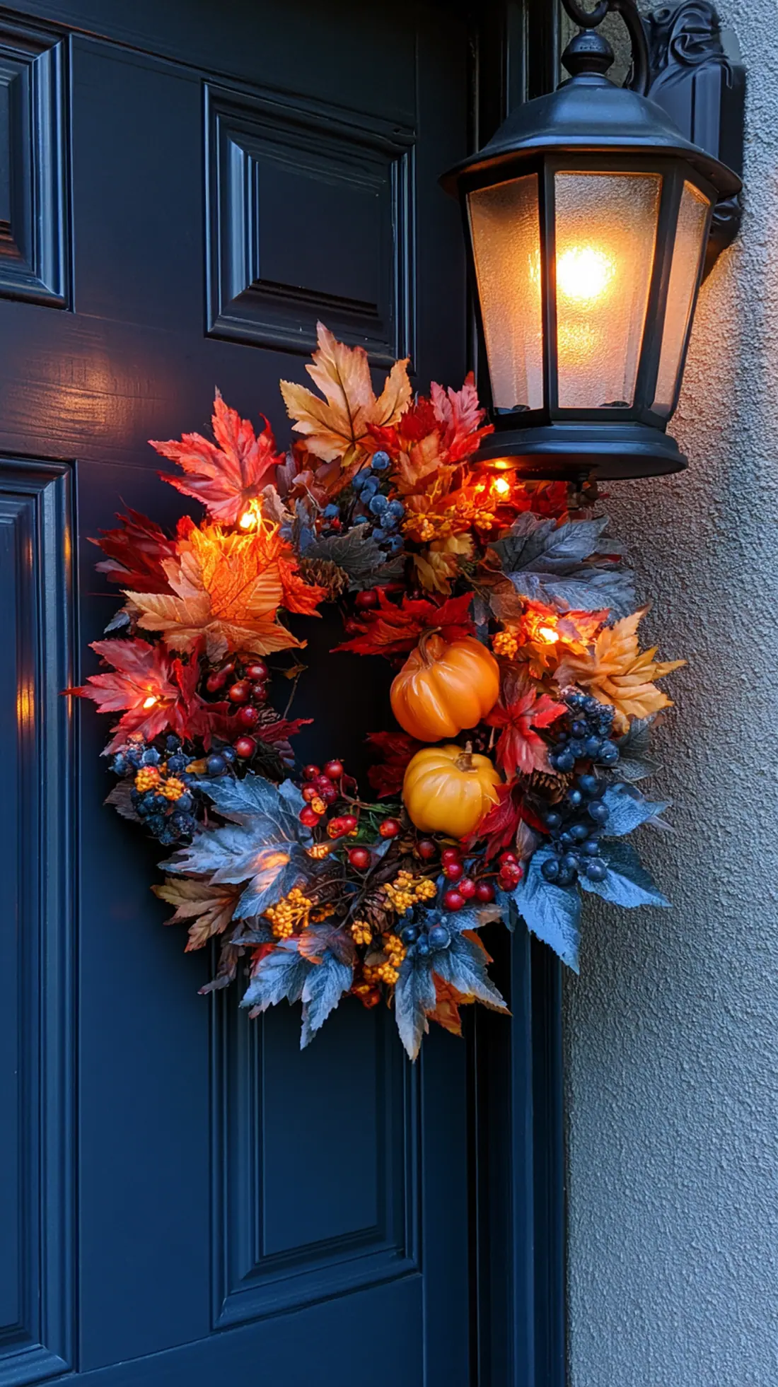 A weatherproof fall wreath made with faux foliage on a front door, photo 2 of 4
