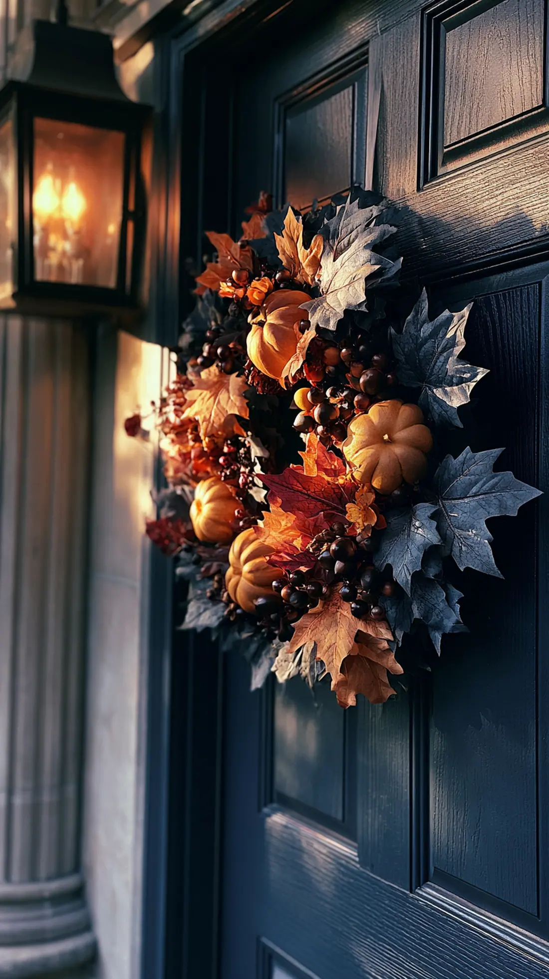 A weatherproof fall wreath made with faux foliage on a front door, photo 3 of 4
