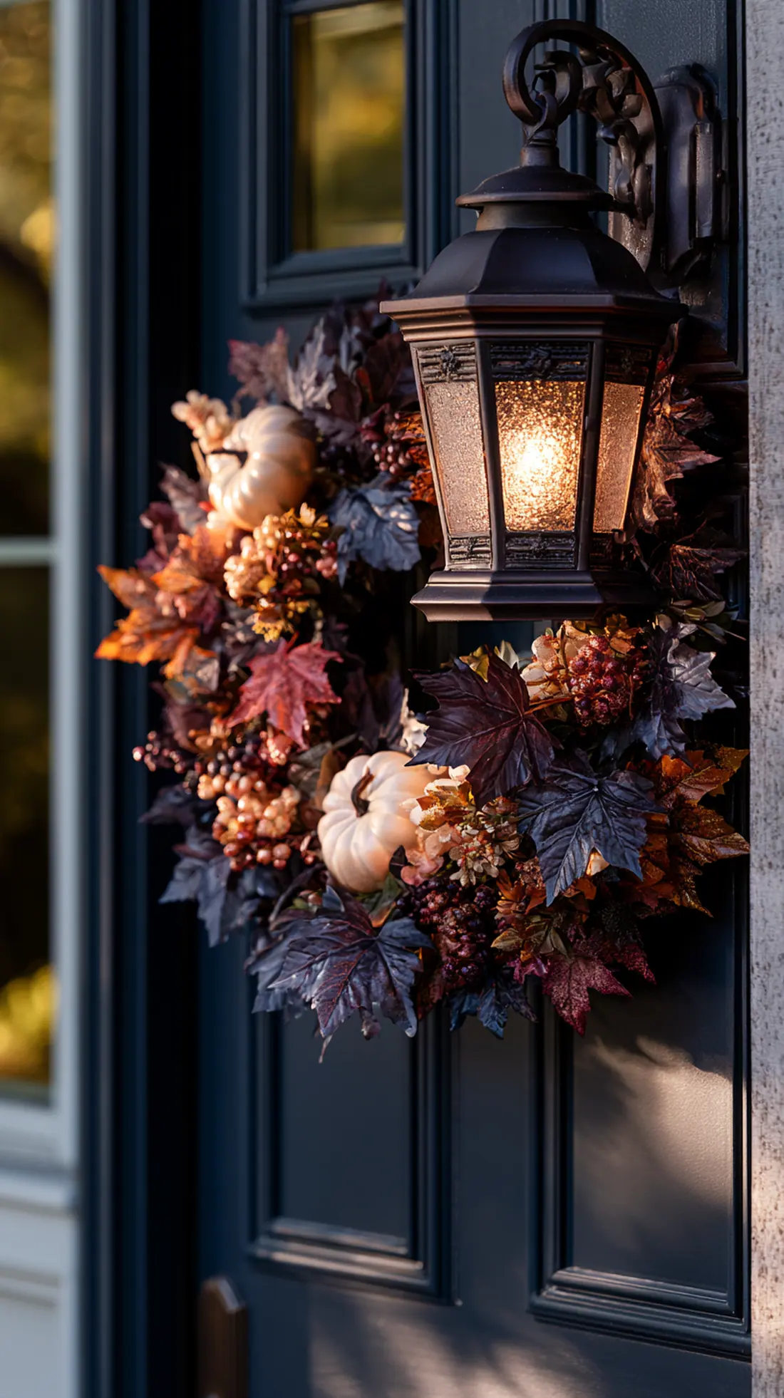 A weatherproof fall wreath made with faux foliage on a front door, photo 4 of 4